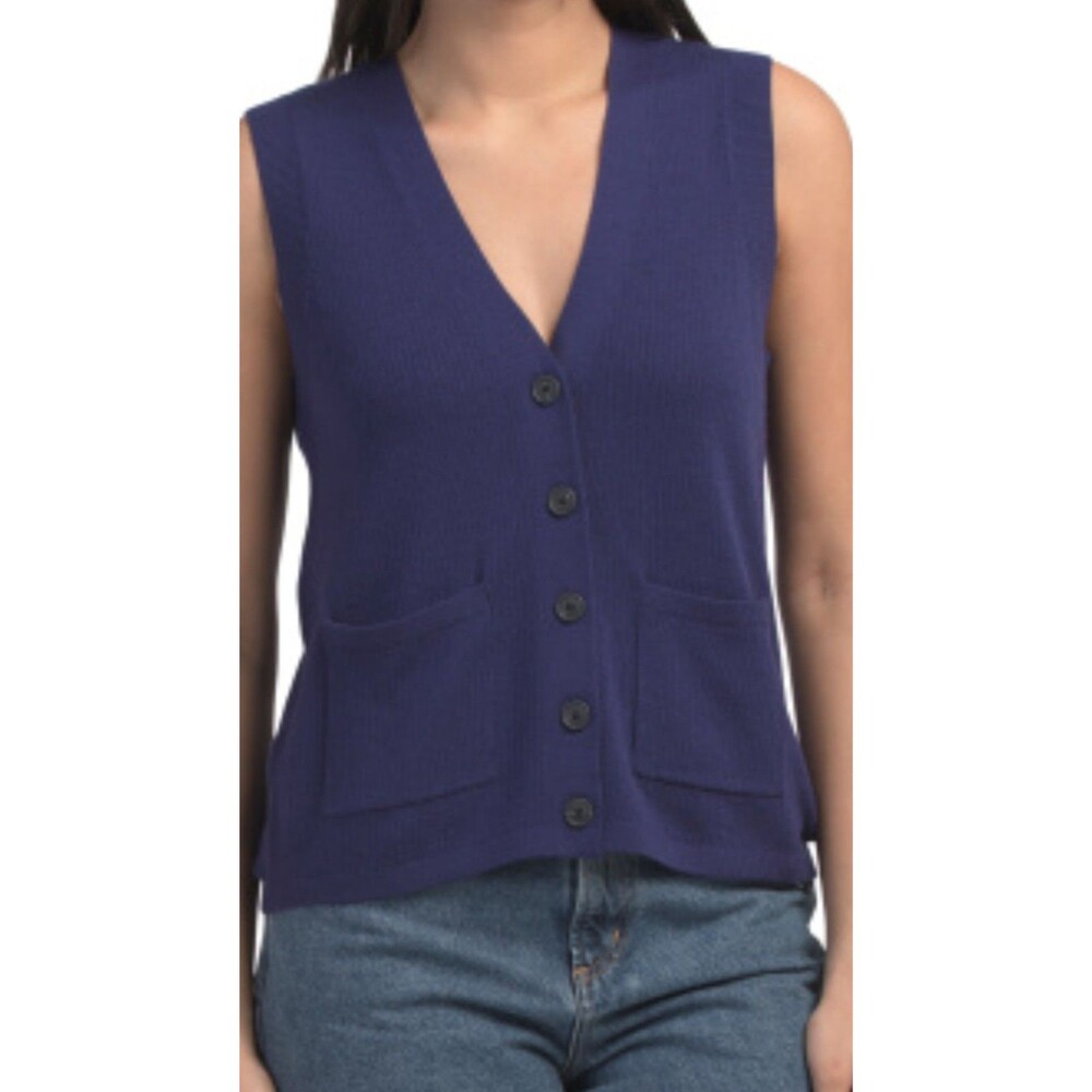 Tahari Women's 100% Extra Fine Merino Wool Button-Front Sweater Vest Academia S